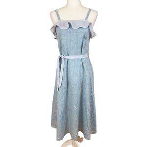 Seilenna Blue Linen Midi Dress Size S (READ) Ruffle Tie Belt Sundress Beachy